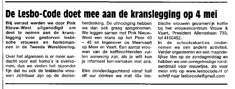 Lesbo-Code legt op 4 mei twee kranzen in NW
